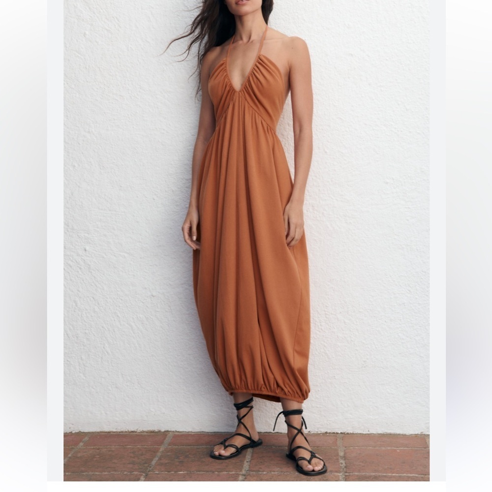 NWT ZARA 100%Cotton Orange Halter Maxi Dress  Womens Size Medium
